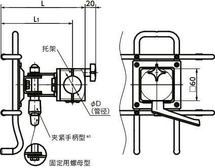 DTS-PB平板电脑支架 - iPad用 - 单轴型- 夹紧手柄保持寸法図