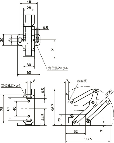 HNMVA铝制大型滑动铰链 - 90°开度寸法図