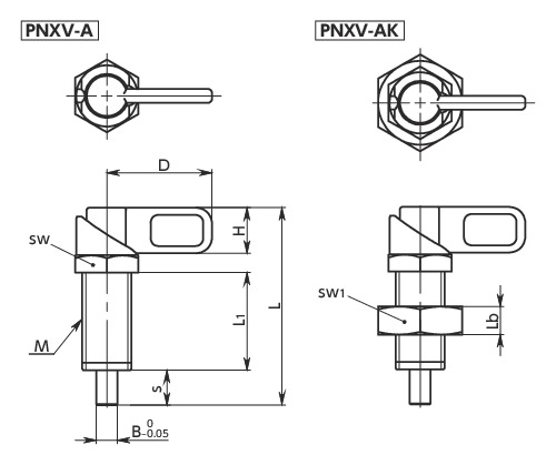 PNXV分度柱塞 - 手柄型 - 保持位置型寸法図