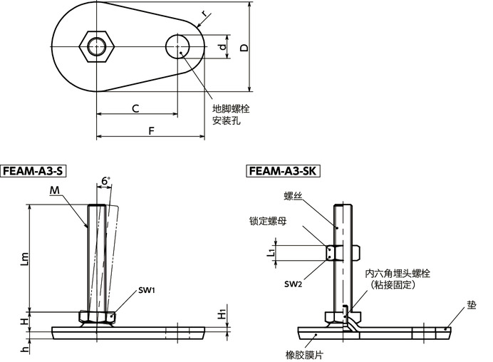 FEAM-A3-S调平调节器(外螺纹) - 地脚螺栓固定型 - 六角调整 - 带橡胶膜片(粘接)寸法図