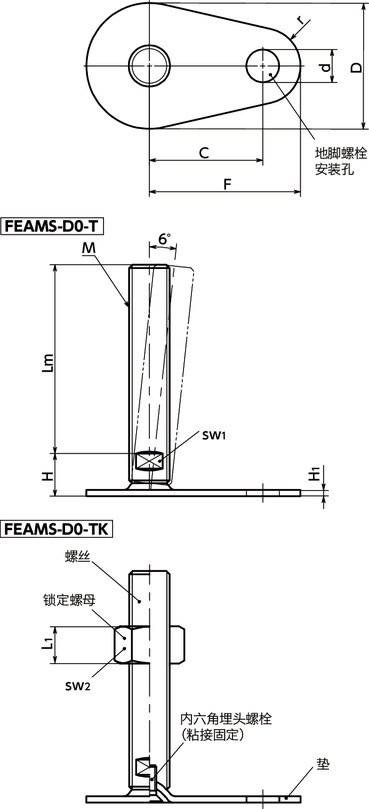 FEAMS-D0-T调平调节器(外螺纹) - 地脚螺栓固定型 - 对边宽度调整寸法図