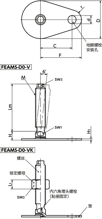 FEAMS-D0-V调平调节器(外螺纹) - 地脚螺栓固定型 - 带六角头寸法図