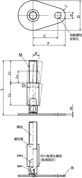 FEAMS-D0-W调平调节器(外螺纹) - 地脚螺栓固定型 - 带螺柱套寸法図