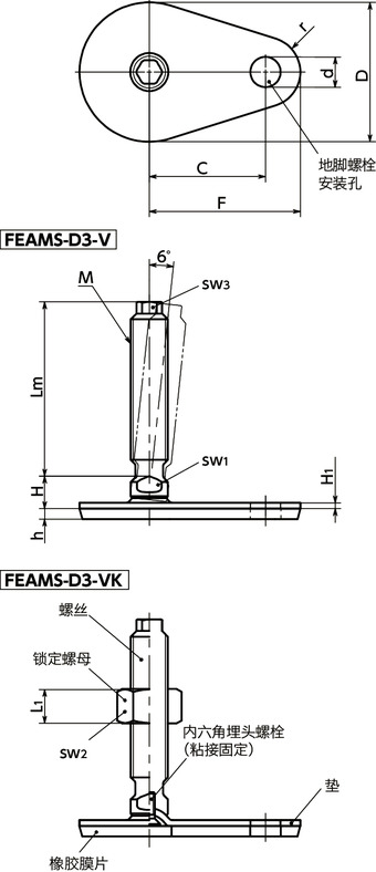 FEAMS-D3-V调平调节器(外螺纹) - 地脚螺栓固定型 - 带六角头 - 带橡胶膜片(粘接)寸法図