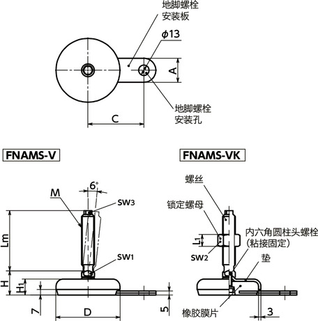 FNAMS-V调平调节器(外螺纹) - 地脚螺栓固定型 - 带六角头寸法図