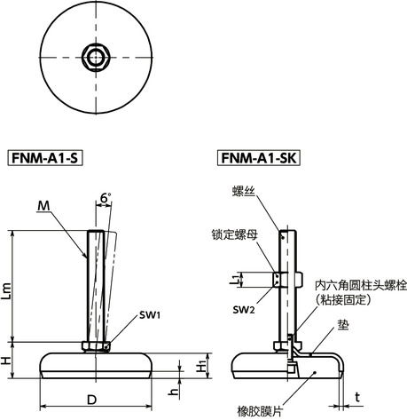 FNM-A1-S调平调节器(外螺纹) - 六角调整 - 带橡胶膜片(黑)寸法図
