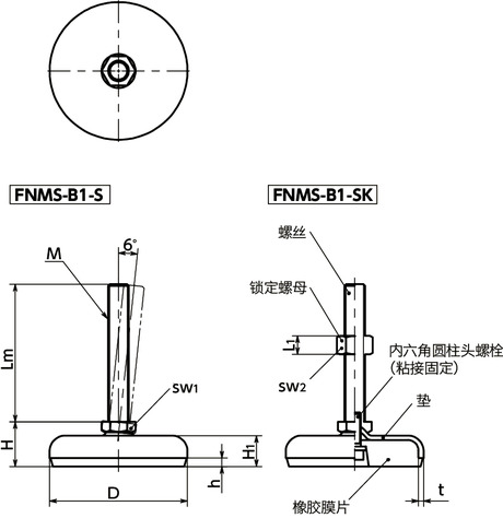 FNMS-B1-S调平调节器(外螺纹) - 六角调整 - 带橡胶膜片(黑)寸法図