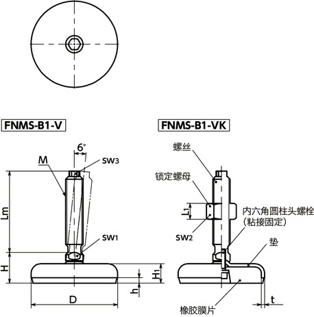 FNMS-B1-V调平调节器(外螺纹) - 带六角头 - 带橡胶膜片(黑)寸法図