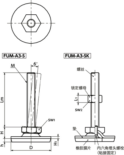 FUM-A3-S调平调节器(外螺纹) - 六角调整 - 带橡胶膜片(粘接)寸法図