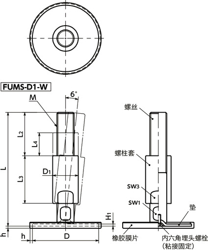 FUMS-D1-W调平调节器(外螺纹) - 带螺柱套 - 带橡胶膜片寸法図