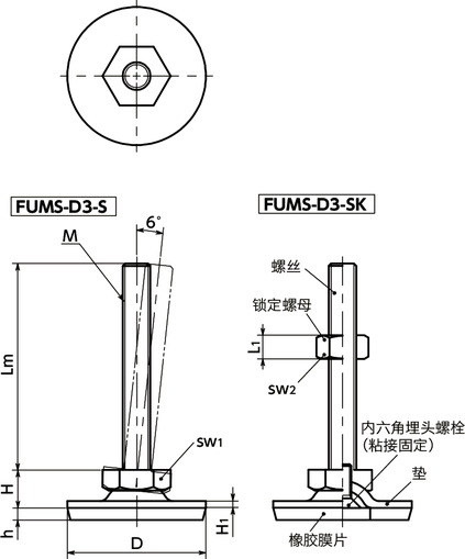 FUMS-D3-S调平调节器(外螺纹) - 六角调整 - 带橡胶膜片(粘接)寸法図
