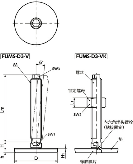 FUMS-D3-V调平调节器(外螺纹) - 带六角头 - 带橡胶膜片(粘接)寸法図