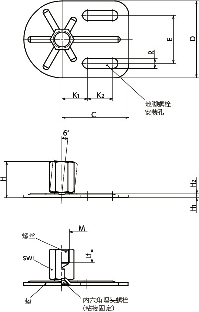 FYAFS-G0-X调平调节器(内螺纹) - 地脚螺栓固定型寸法図