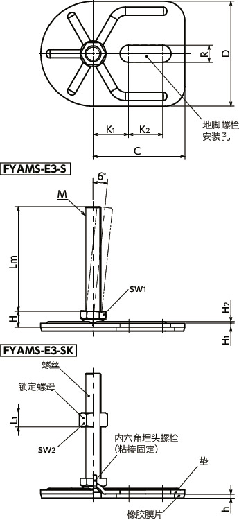 FYAMS-E3-S调平调节器(外螺纹) - 地脚螺栓固定型 - 六角调整 - 带橡胶膜片(粘接)寸法図