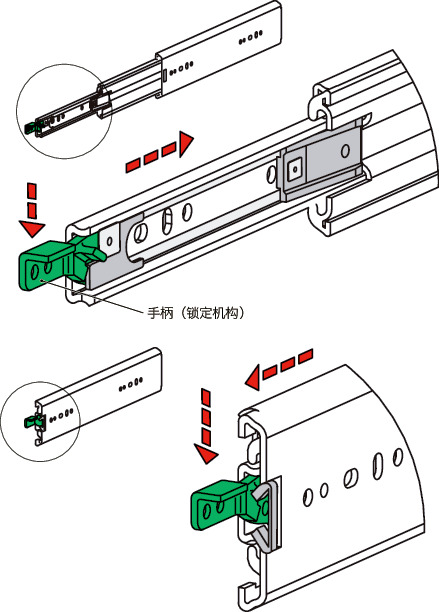 TSCC-Q滑轨 - 三段抽拉 - 带打开&关闭锁定机构