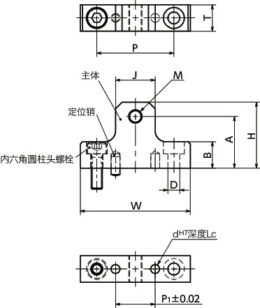 NLSCNS-N直线导轨用止动块 - 底座固定 - 定位用(带细牙螺纹孔) - 不锈钢制 - 带定位销寸法図