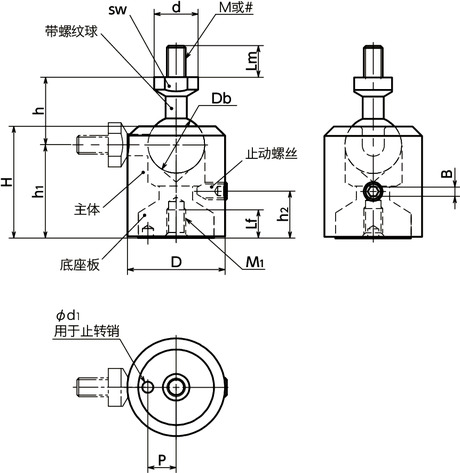 SBJS-M球窝接头 - 止动螺丝型（外螺纹）寸法図