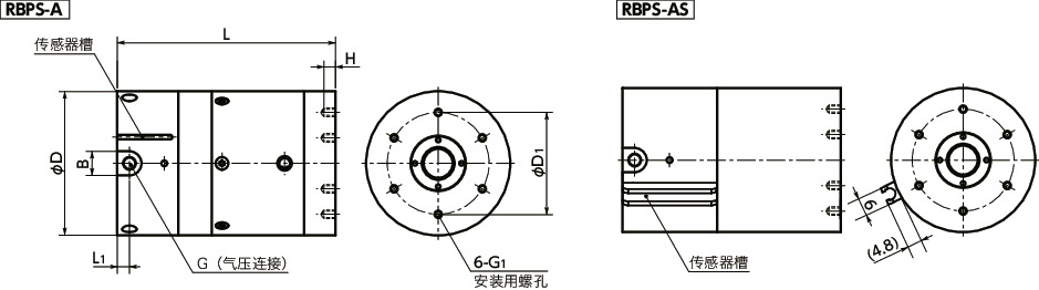 RBPS导轨库浪霸 - 气压型 - 常闭型 - 带制动机构 - 线性轴用寸法図