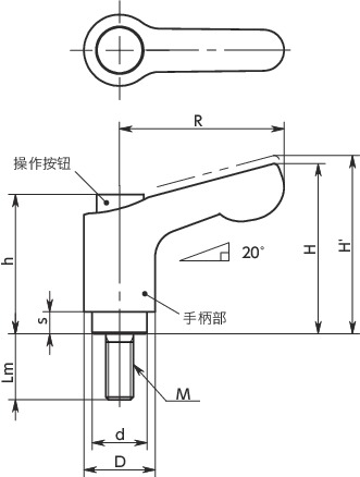 LDCM-C微型夹紧手柄（外螺纹） - 带操作按钮寸法図