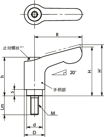 LDCMS-NI微型夹紧手柄（外螺纹） - 全不锈钢制寸法図