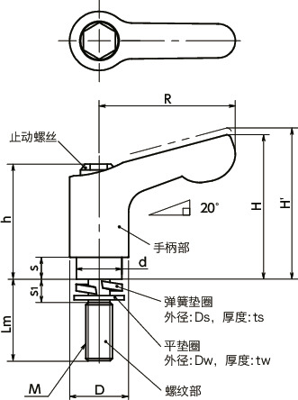 LDCMS-W-AS微型夹紧手柄 - 弹簧垫圈装入型 - 全不锈钢制寸法図