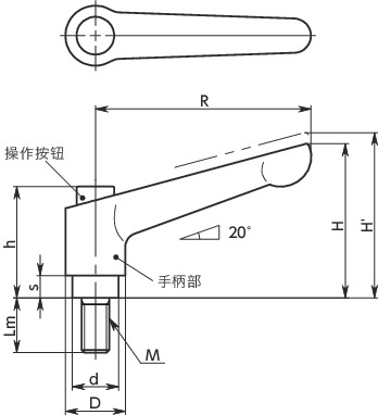 LDM-C夹紧手柄（外螺纹）-带操作按钮寸法図