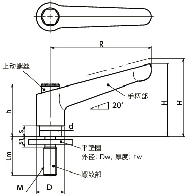 LDMS-LW-AS夹紧手柄-平垫圈装入型-全不锈钢制寸法図