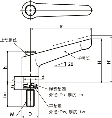 LDMS-W-AS夹紧手柄-弹簧垫圈装入型-全不锈钢制寸法図