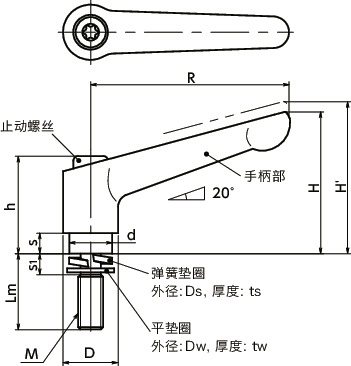 LDMS-W-NI夹紧手柄-弹簧垫圈装入型-全不锈钢制寸法図