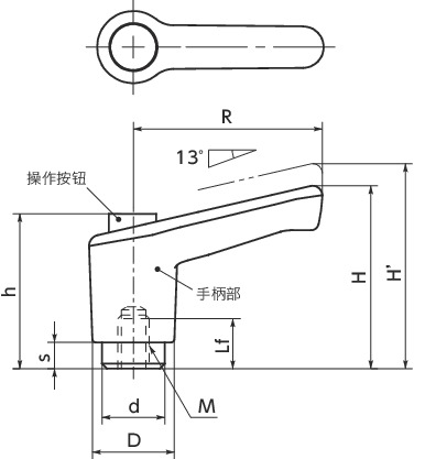 LECF-C微型塑料夹紧手柄（内螺纹）-带操作按钮寸法図
