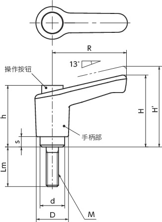 LECM-C微型塑料夹紧手柄（外螺纹）-带操作按钮寸法図