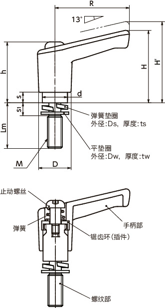 LECM-W微型塑料夹紧手柄 - 弹簧垫圈装入型寸法図