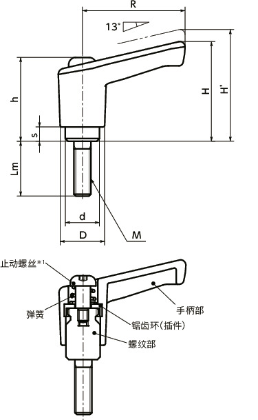 LECM微型塑料夹紧手柄（外螺纹）寸法図