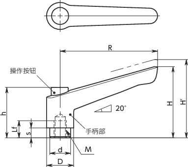 LEFS-C塑料夹紧手柄（内螺纹）-带操作按钮寸法図