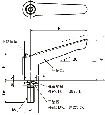 LEMS-W塑料夹紧手柄-弹簧垫圈装入型寸法図
