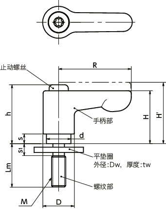 LHCMS-LW微型夹紧手柄 - 平垫圈装入型 - 扁平型寸法図
