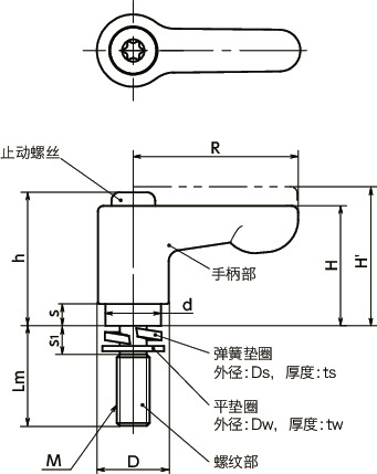 LHCMS-W-CR微型夹紧手柄 - 弹簧垫圈装入型 - 扁平型寸法図