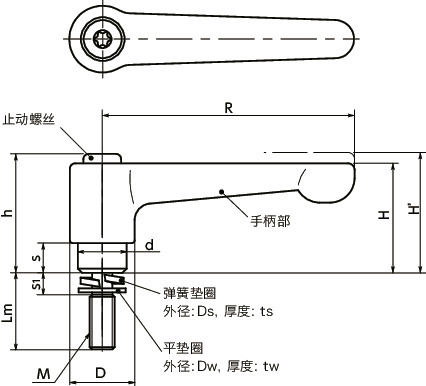 LHMS-W-CR夹紧手柄-弹簧垫圈装入型-扁平型寸法図