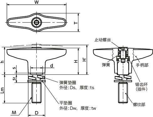 LUDM-W塑料夹紧手柄 - 弹簧垫圈装入型寸法図