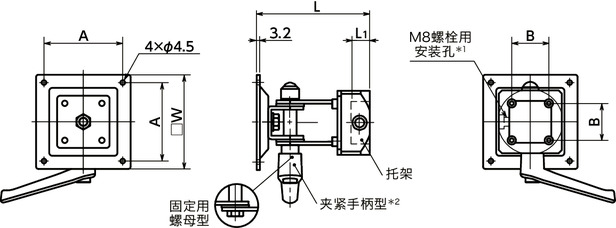 DFS-AA显示面板固定零件 - 单轴型 - 夹紧手柄保持寸法図
