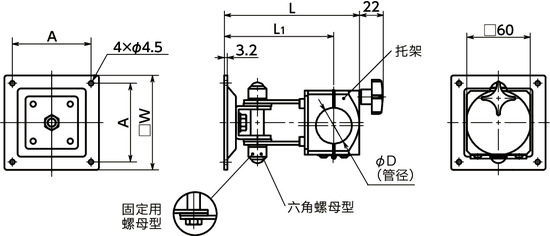 DFSN-PB显示面板固定零件 - 单轴型 - 六角螺母保持寸法図
