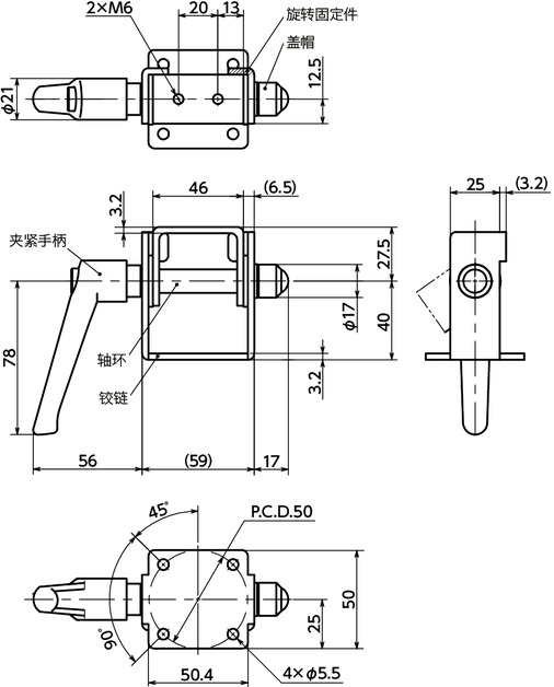 DKBR-H角度铰链 - 夹紧手柄保持 - 旋转限制寸法図