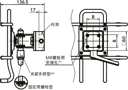 DTS-AA平板电脑支架 - iPad用 - 单轴型- 夹紧手柄保持寸法図