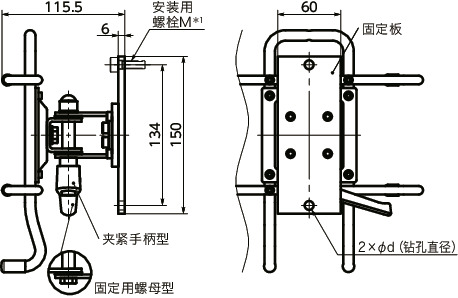 DTSN-AF平板电脑支架 - iPad用 - 单轴型 - 六角螺母保持寸法図
