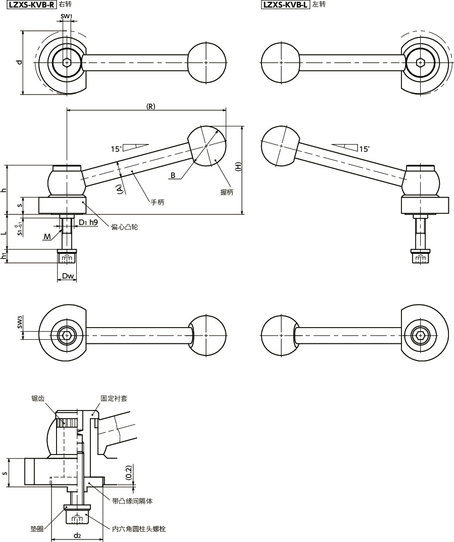 LZXS-KVB凸轮手柄 - 带角度手柄型 - 背面安装 - 不锈钢制寸法図