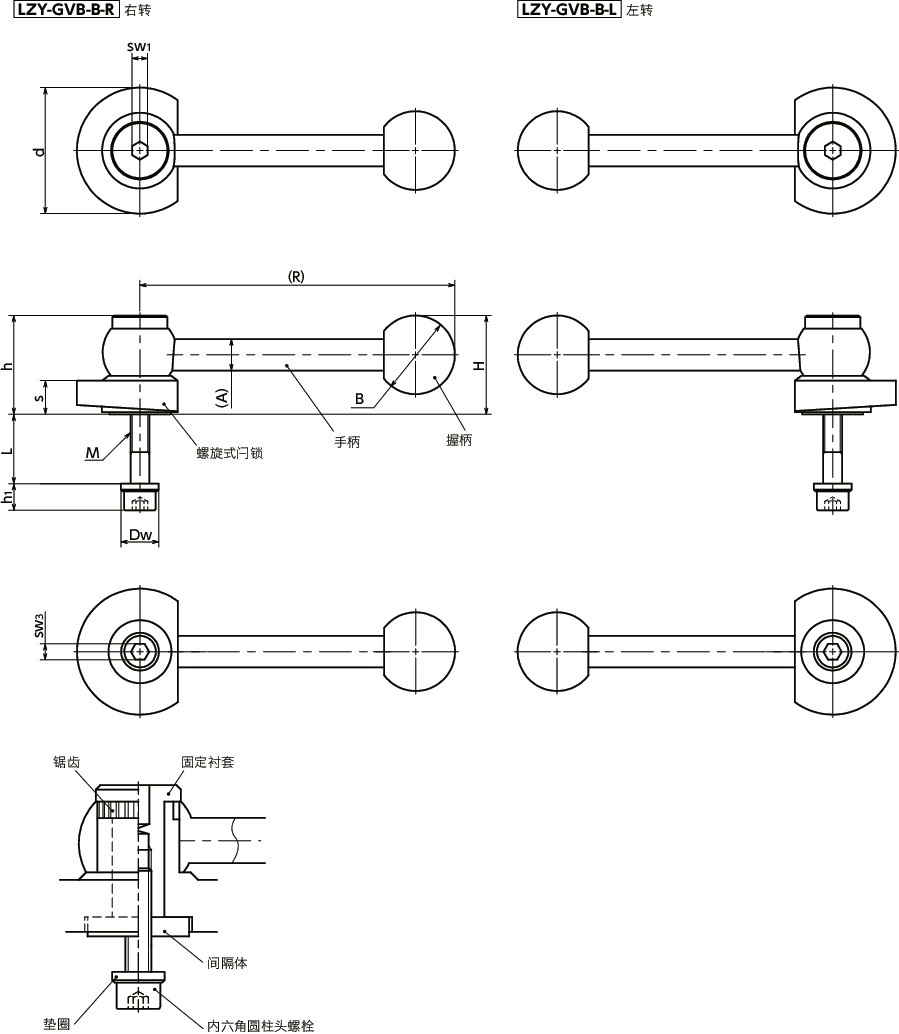 LZY-GVB-B闩锁手柄 - 横向手柄型 - 下方紧固 - 背面安装寸法図