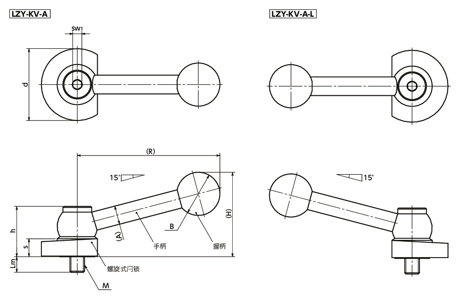 LZY-KV-A闩锁手柄 - 带角度手柄型 - 上方紧固寸法図