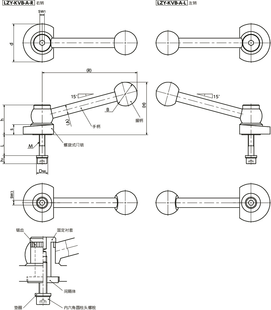 LZY-KVB-A闩锁手柄 - 带角度手柄型 - 上方紧固 - 背面安装寸法図