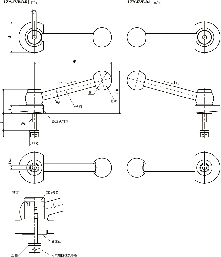 LZY-KVB-B闩锁手柄 - 带角度手柄型 - 下方紧固 - 背面安装寸法図