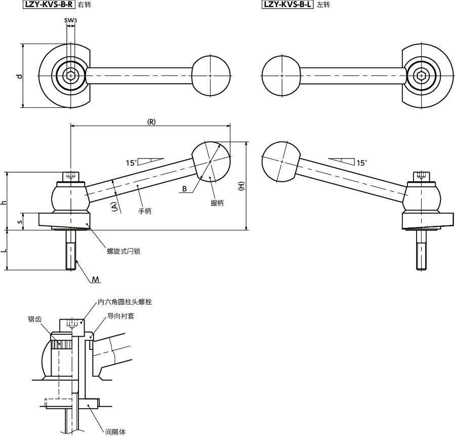 LZY-KVS-B闩锁手柄 - 带角度手柄型 - 下方紧固 - 正面安装寸法図